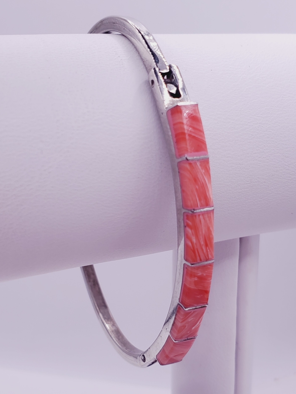 Spiny Oyster Inlay 925 Sterling Silver Hinged Bangle Bracelet